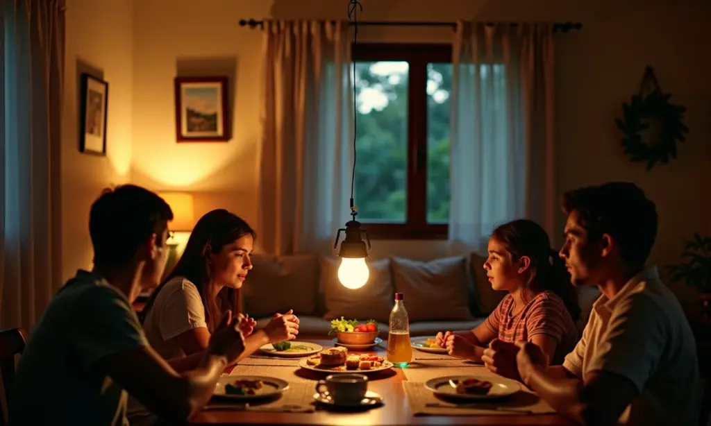 Família brasileira preocupada durante apagão, luz de emergência acesa em casa decorada no estilo Farm Rio.