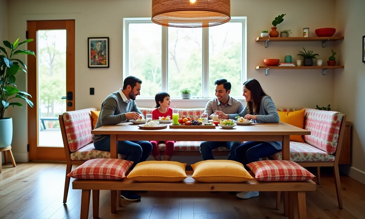 Família reunida à mesa com banco e encosto, desfrutando de uma refeição.