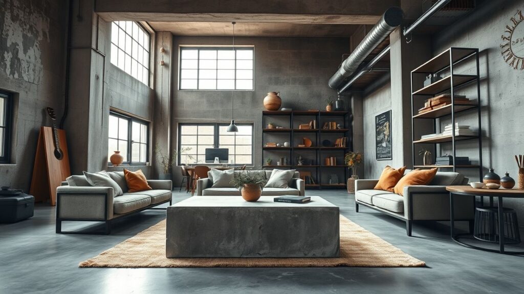 Decoração de sala industrial: concreto e metal em alta