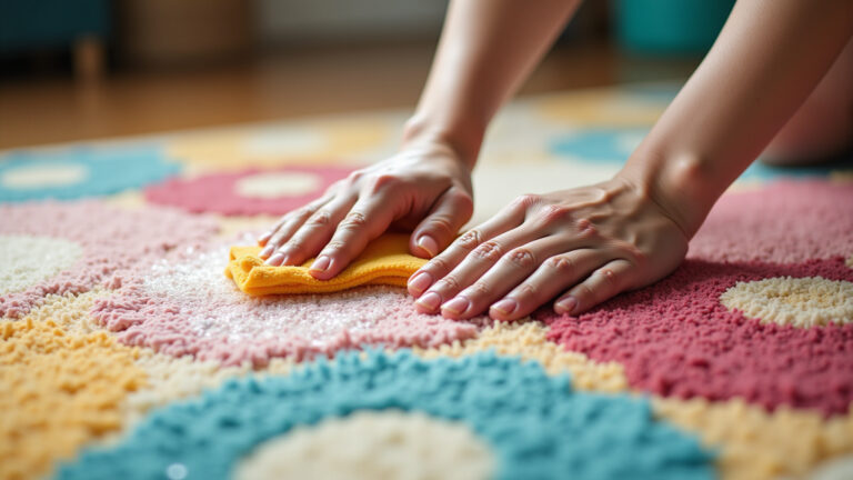 Mãos esfregando tapete colorido com sabão e água.