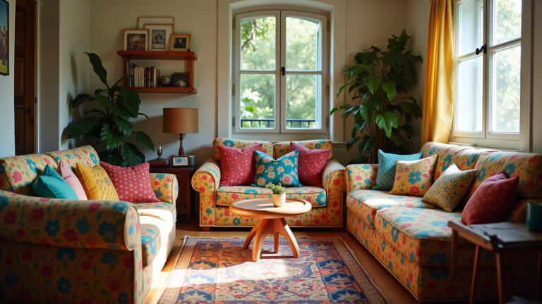 Sala vibrante com decoração DIY e almofadas de patchwork coloridas.