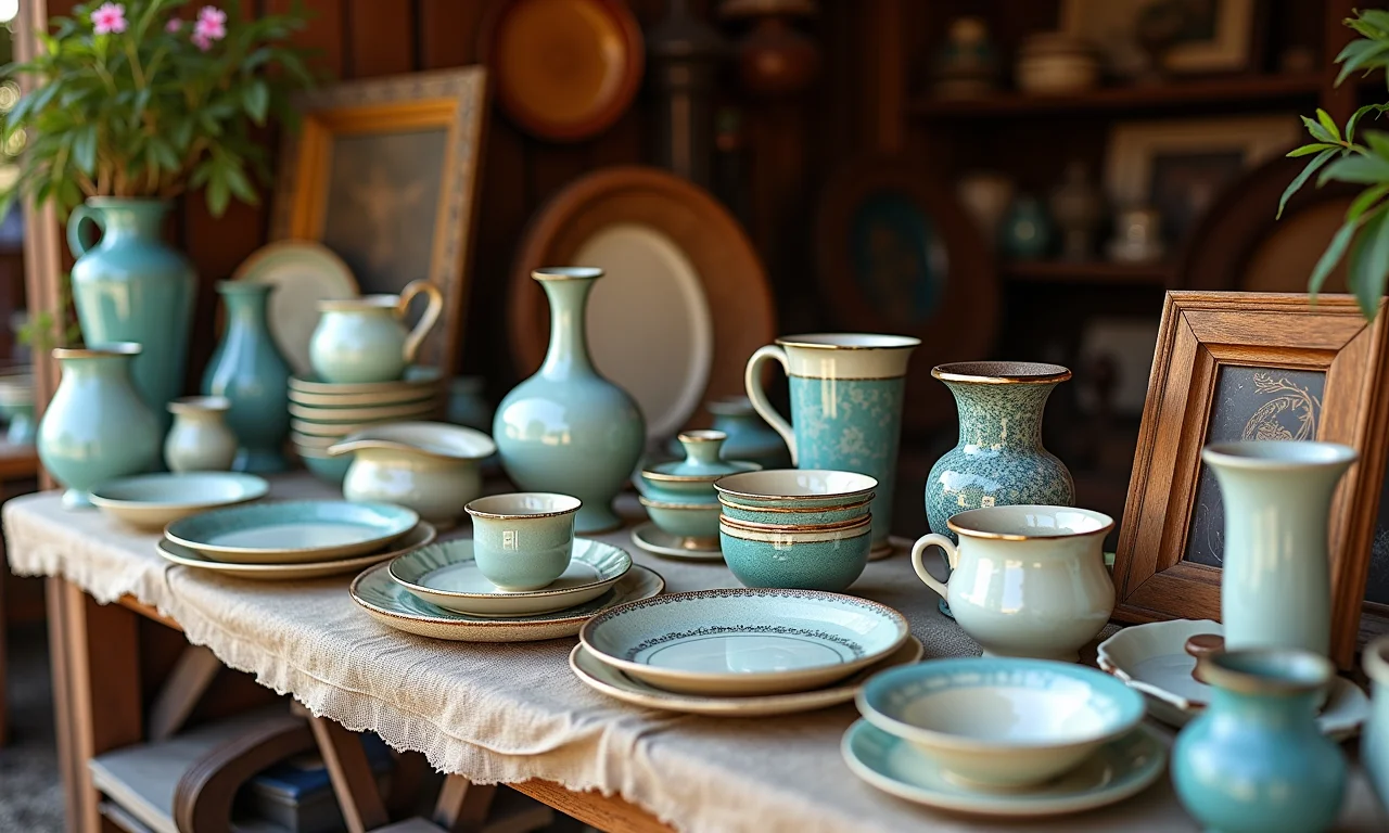 Feira de antiguidades com diversos objetos vintage, incluindo louças, vasos e quadros.
