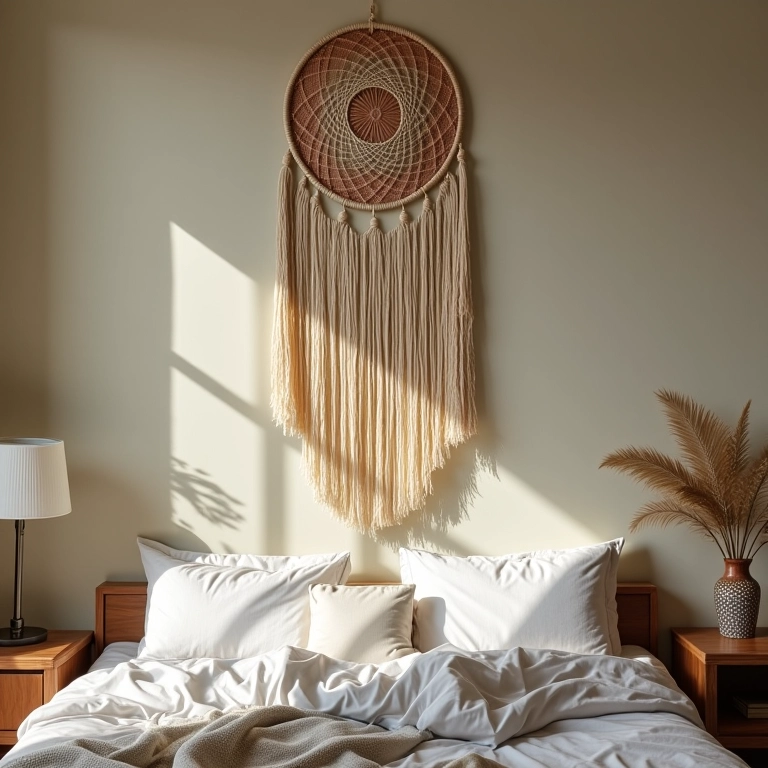 Filtro dos sonhos pendurado acima da cama boho.