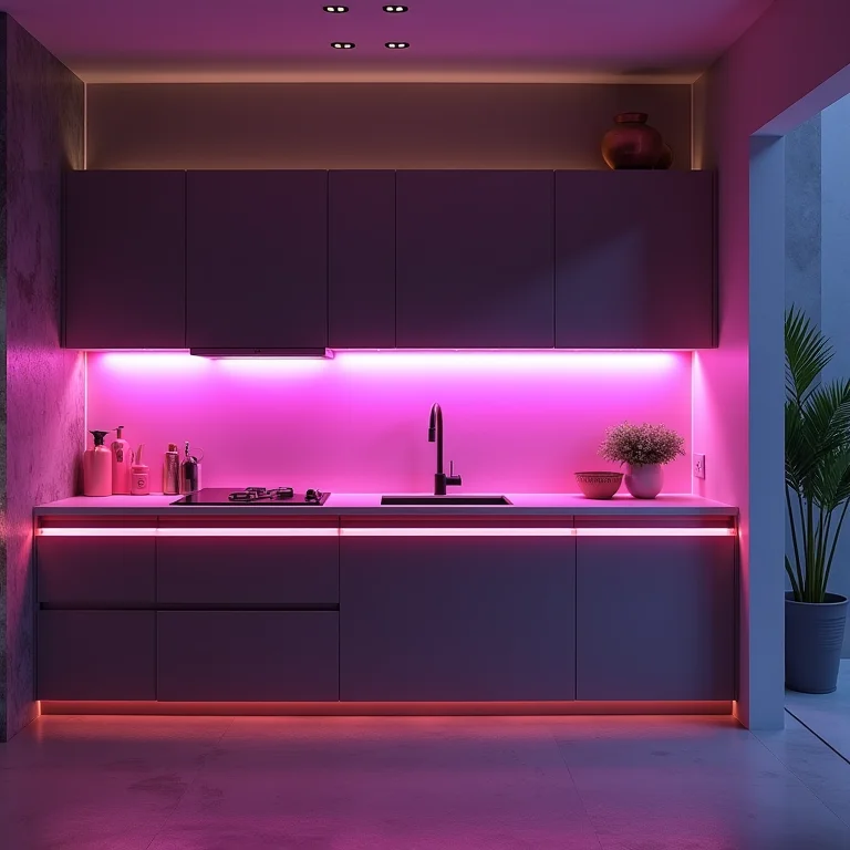 Fitas de LED coloridas iluminando bancada de cozinha moderna