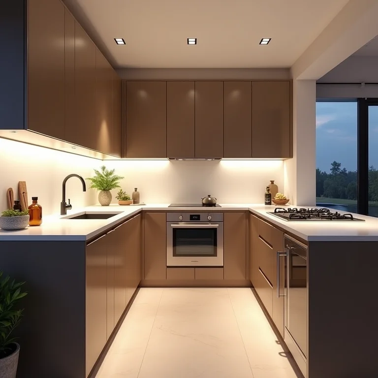 Fitas de LED iluminando bancada de cozinha moderna