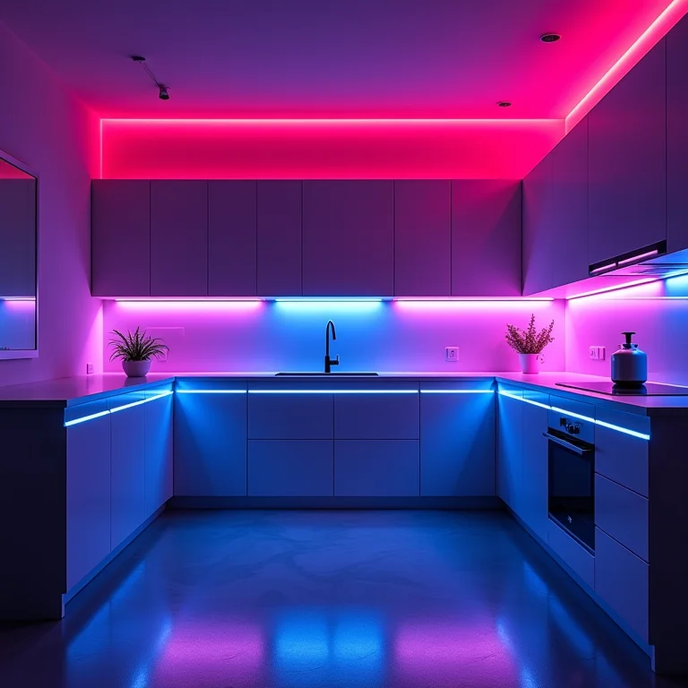 Fitas de LED modernas iluminando uma cozinha