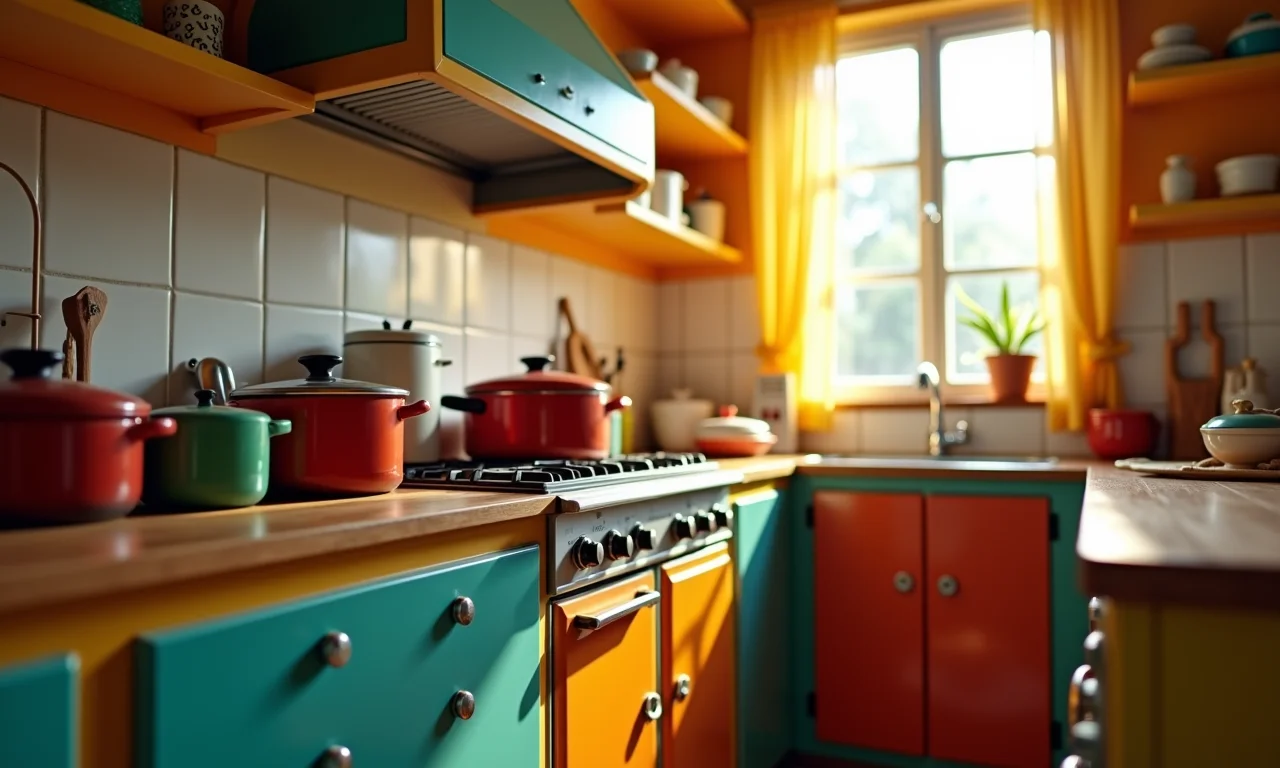 Fogão colorido retrô em cozinha brasileira.