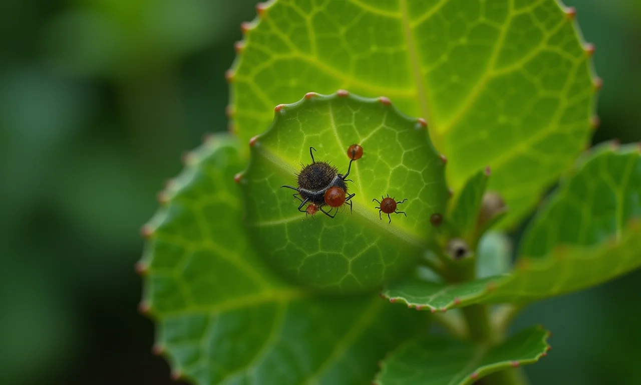 Folha de planta com sinais de pragas sendo inspecionada.