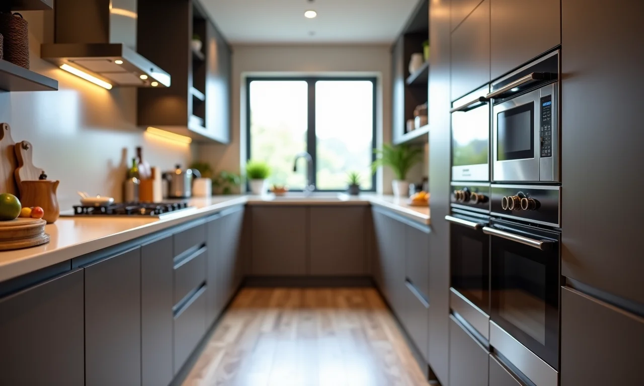 Fornos embutidos em cozinha corredor, otimizando o espaço e a funcionalidade.