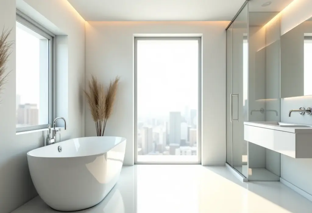 Foto panorâmica de um banheiro moderno em reforma com banheira, chuveiro e luz natural abundante.