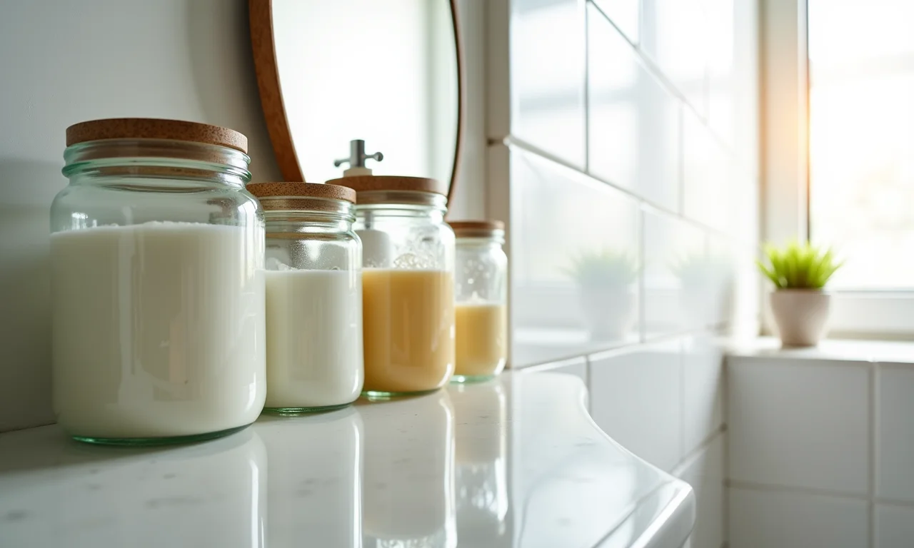 Frascos de vidro para produtos de higiene em prateleira de banheiro.