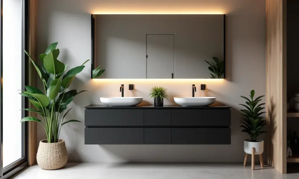 Gabinete de banheiro preto matte elegante em apartamento brasileiro moderno.