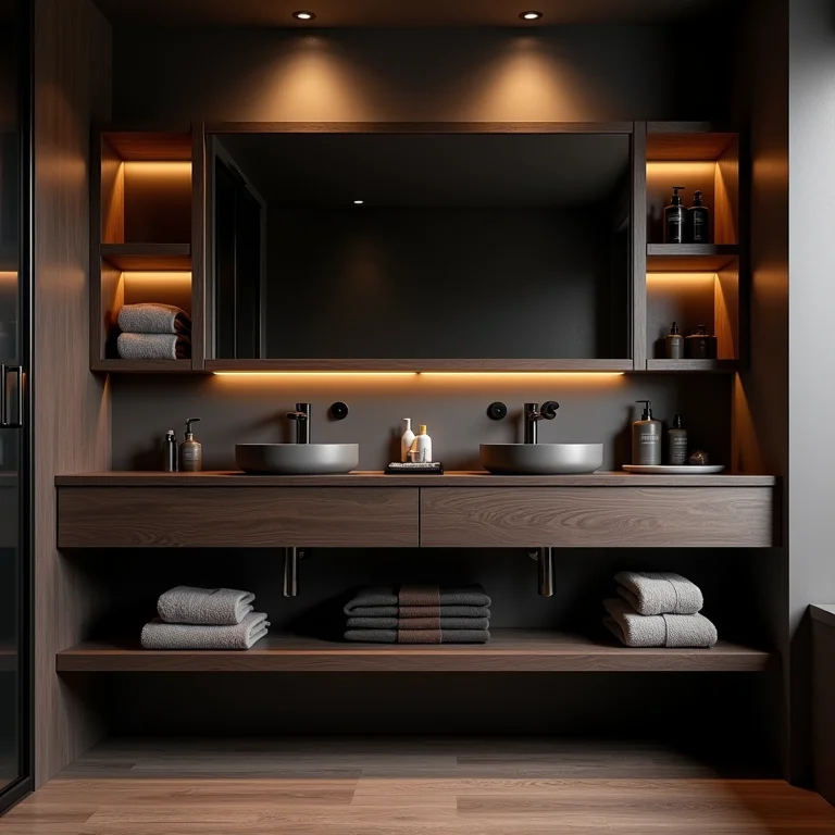 Gabinete de madeira escura otimizando o espaço em banheiro masculino