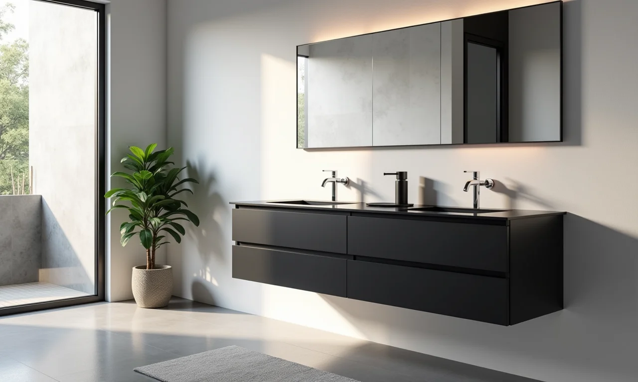 Gabinete suspenso preto matte em banheiro minimalista brasileiro.