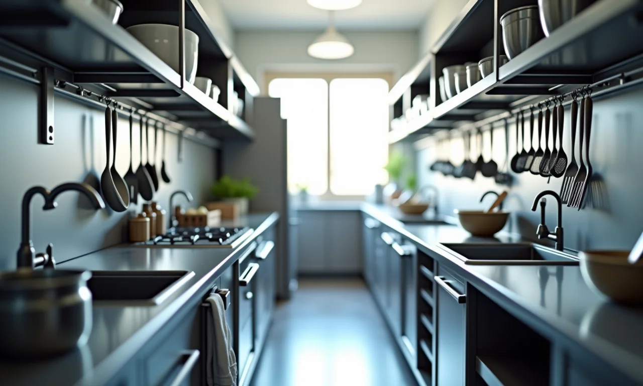 Ganchos e barras em cozinha corredor para utensílios sempre à mão.