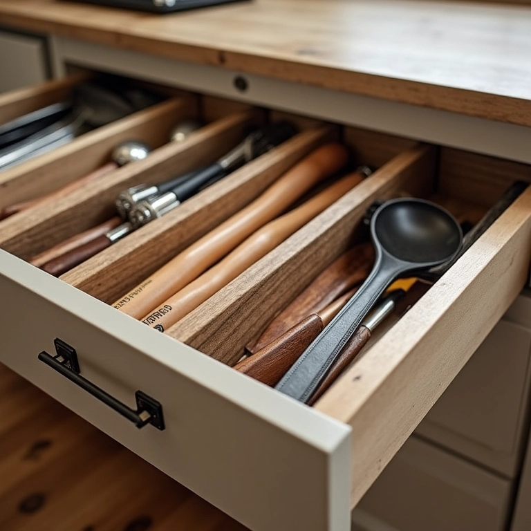 Gavetas organizadas com divisórias em cozinha minimalista.