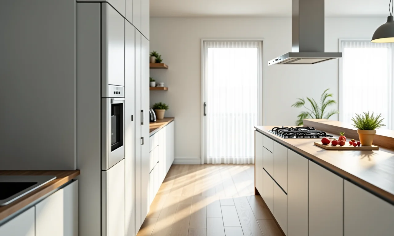 Geladeira no final da cozinha corredor para evitar interrupções no fluxo.