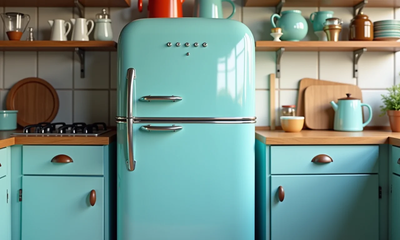 Geladeira retrô azul pastel em cozinha vintage.