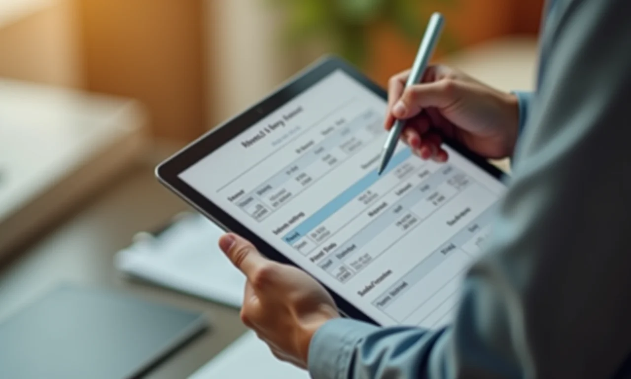 Gerente revisando gastos do dia em diário de obra digital.