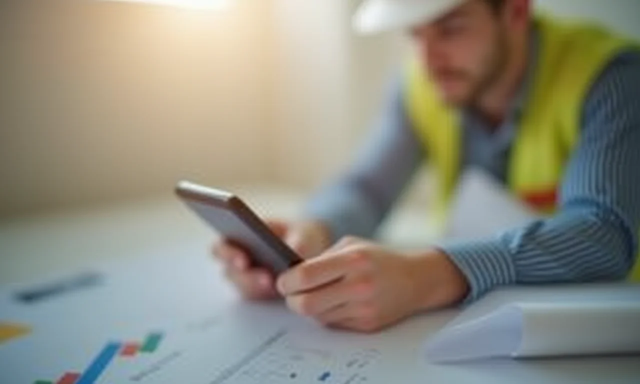 Gerente usando aplicativo de gerenciamento de obra no celular.