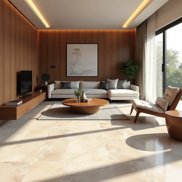 Granilite e madeira em sala aconchegante