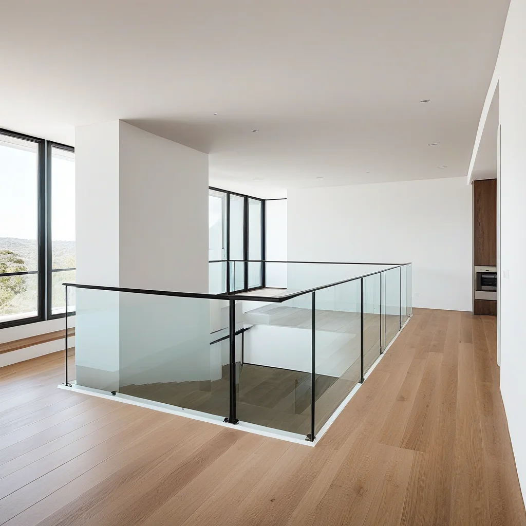 Guarda-corpo de vidro com design minimalista em apartamento moderno.