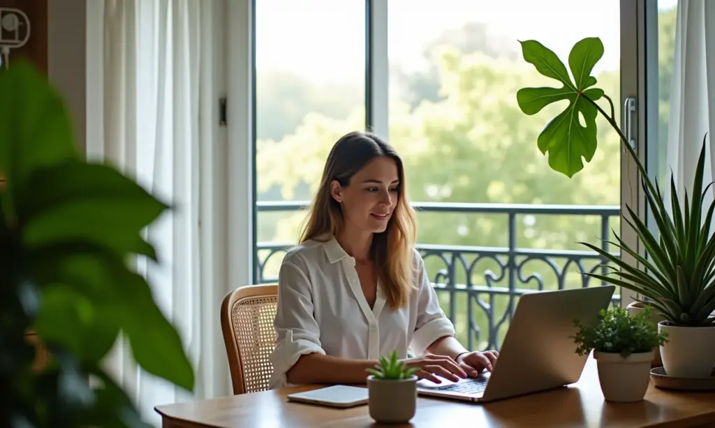 Home office na varanda: O escritório com vista Home office charmoso em varanda com decoração vibrante e luz natural.