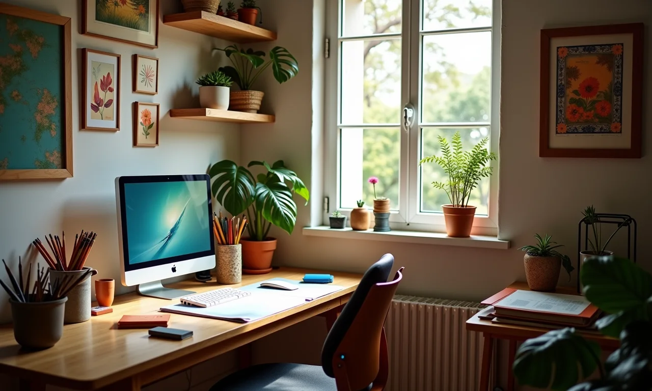 Home office com mesa, computador e materiais de arte.