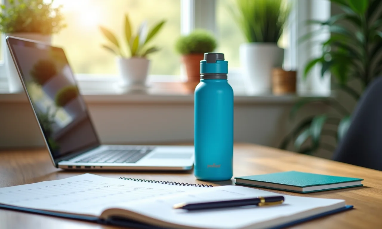 Home office completo com calendário, garrafa de água e caderno.