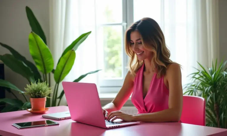 Home office feminino com decoração Farm Rio e mulher trabalhando