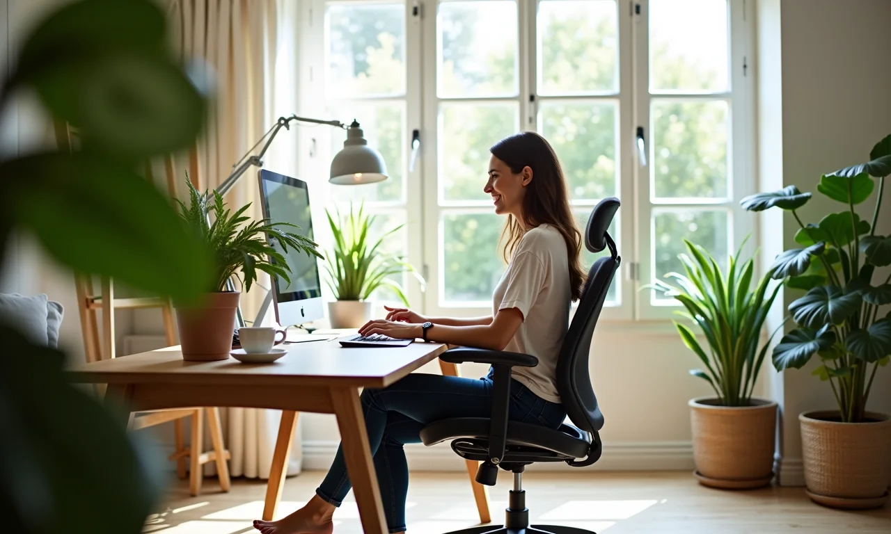 Home office produtivo com decoração brasileira e iluminação natural.