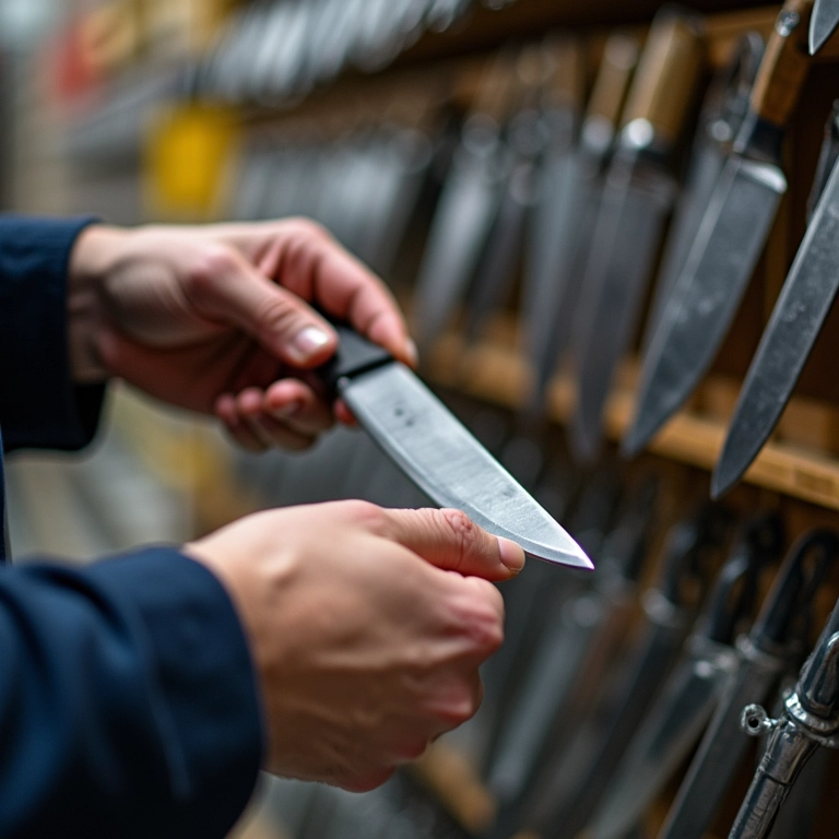 Homem escolhendo barra magnética para facas em loja de ferragens.