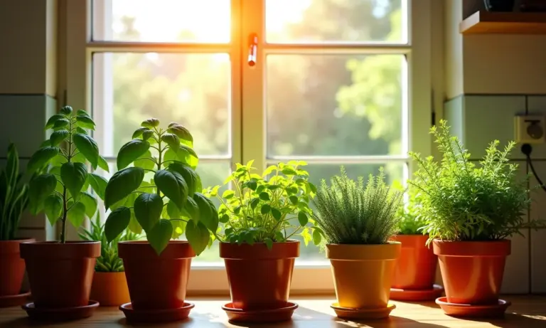 Horta de temperos variados na janela ensolarada da cozinha, com vasos coloridos.