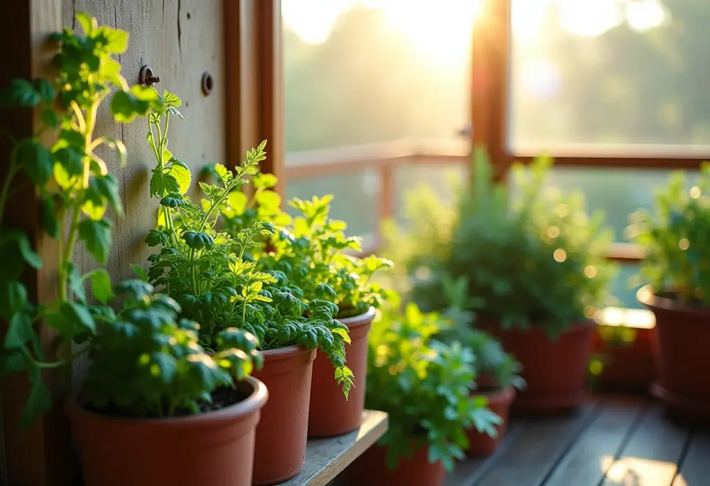 Horta vertical exuberante em varanda ensolarada.