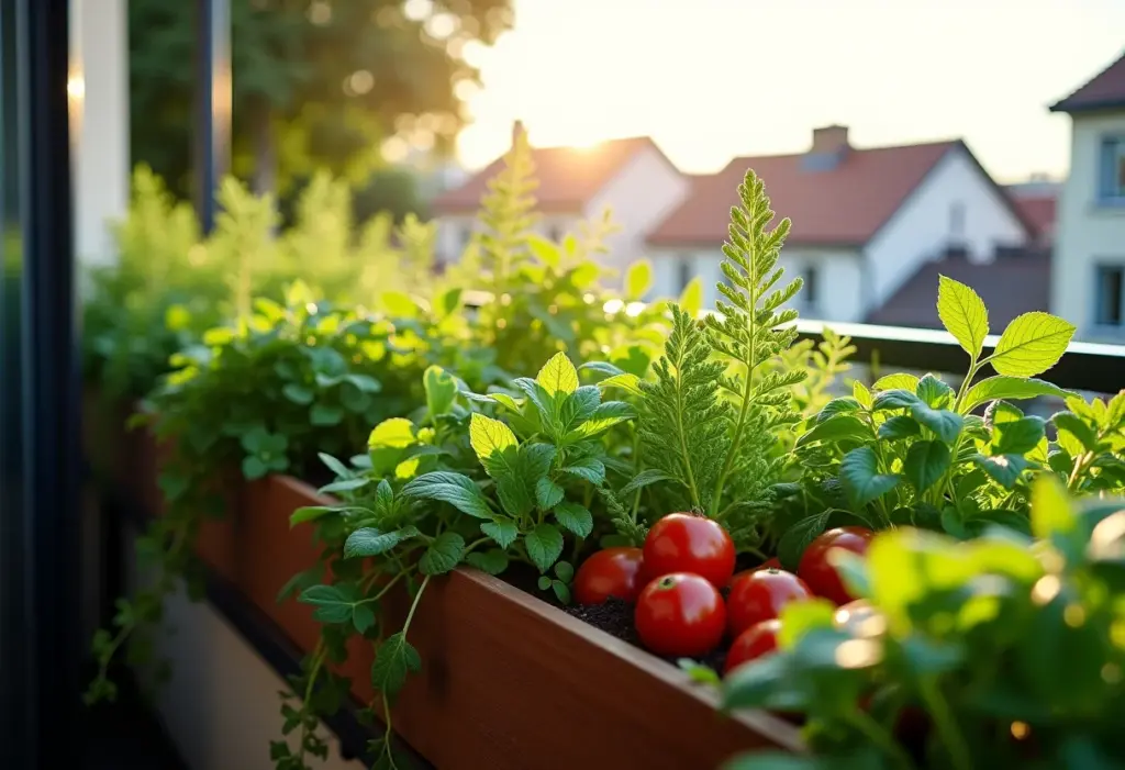 Horta vertical exuberante em varanda ensolarada.