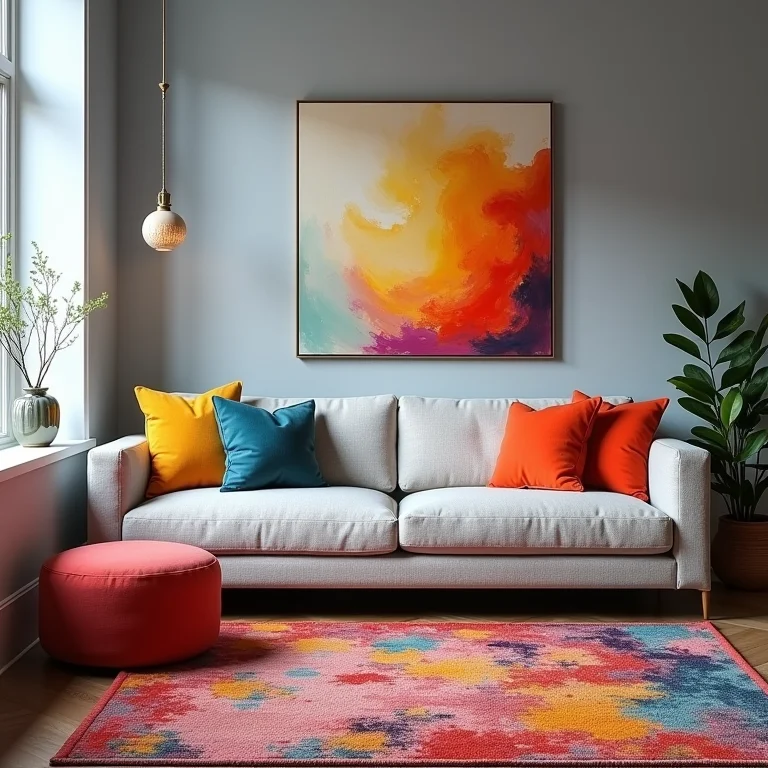 Ideias para adicionar cor à sala cinza: almofadas, obras de arte e tapete