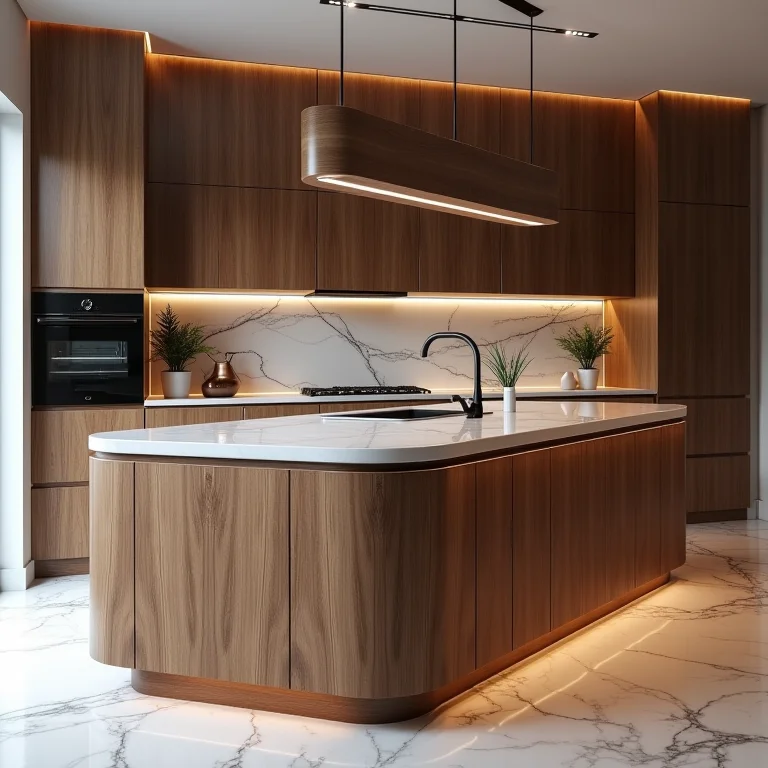 Ilha central com detalhes em madeira, ponto focal da cozinha.