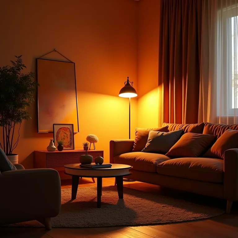 Iluminação ambiente aconchegante em sala boho