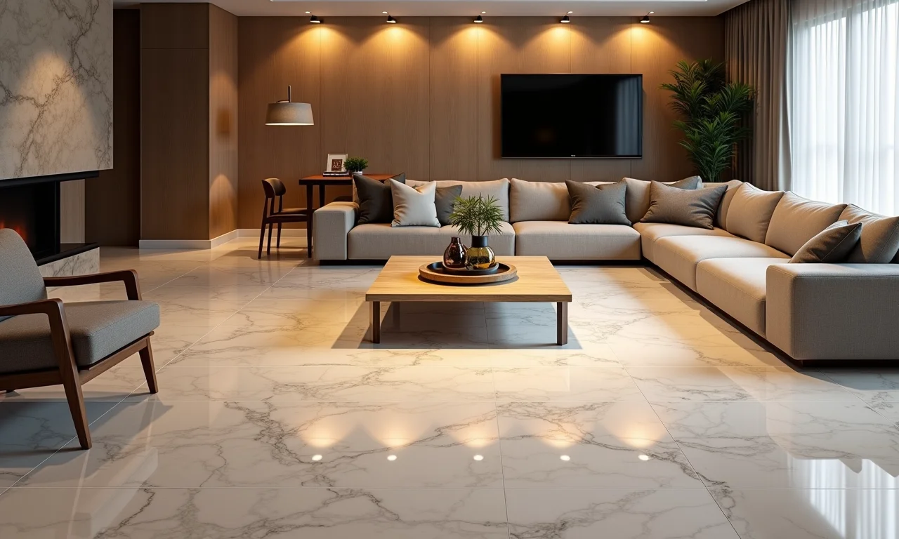 Iluminação destacando a beleza do porcelanato marmorizado.