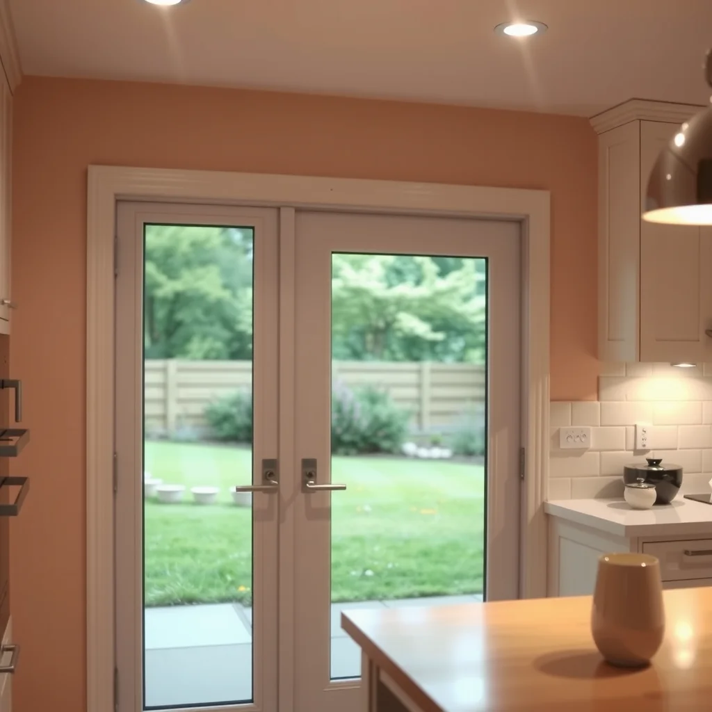 Iluminação destacando a porta de vidro na cozinha.