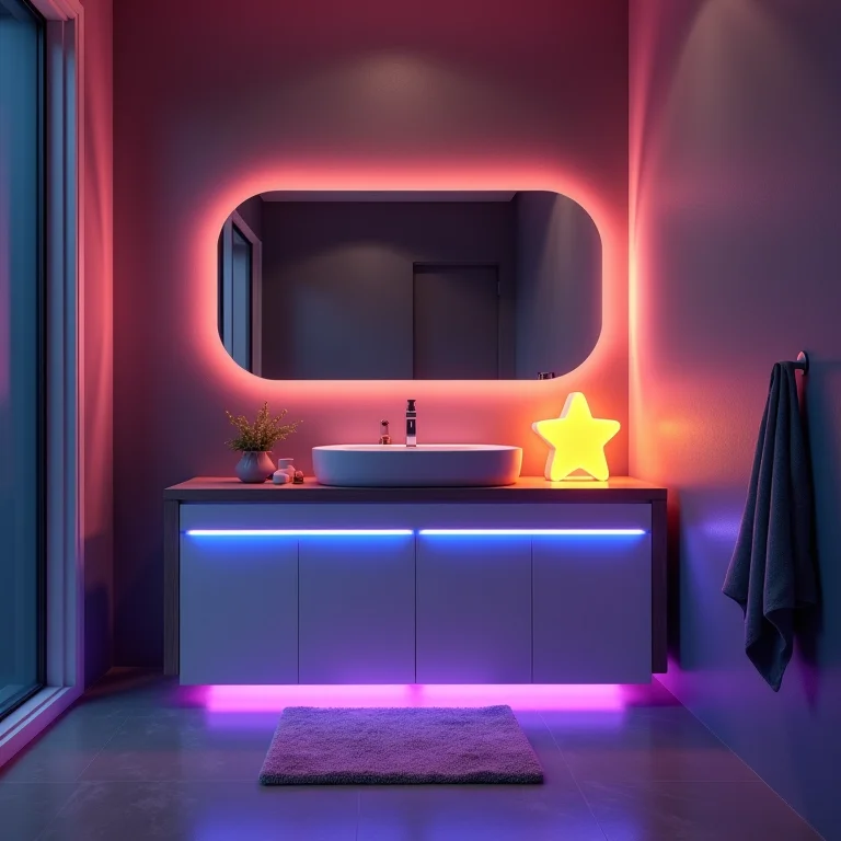 Iluminação divertida e funcional em banheiro infantil com luzes LED e abajur.