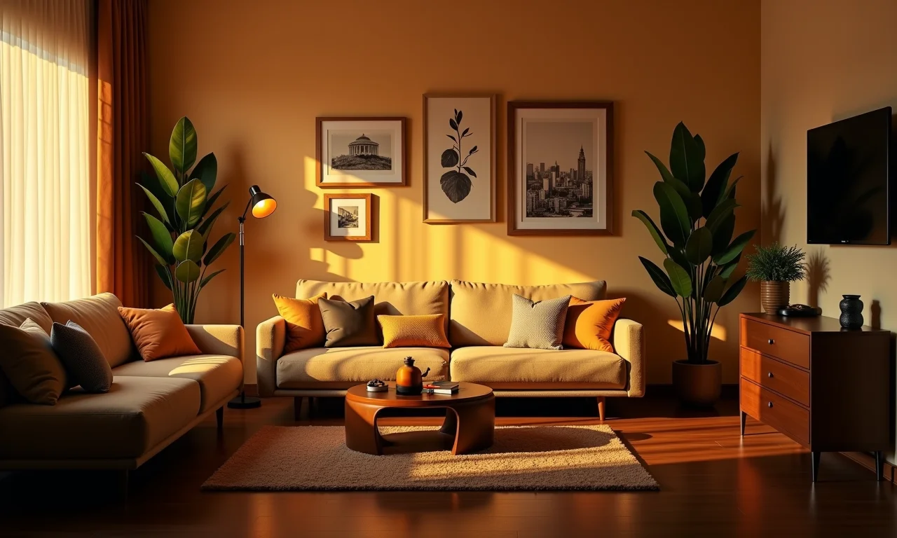 Iluminação estratégica criando aconchego em um studio com decoração brasileira.