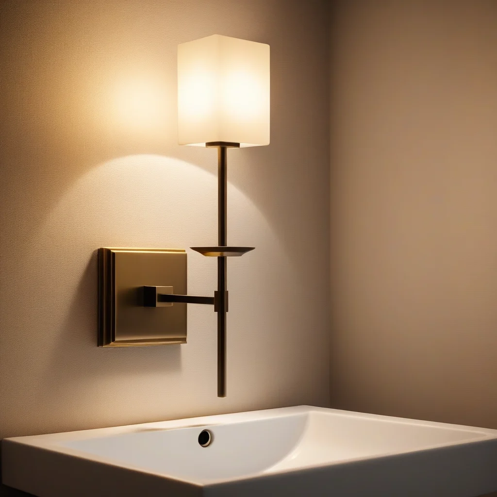 Iluminação estratégica criando um ambiente acolhedor no lavabo.