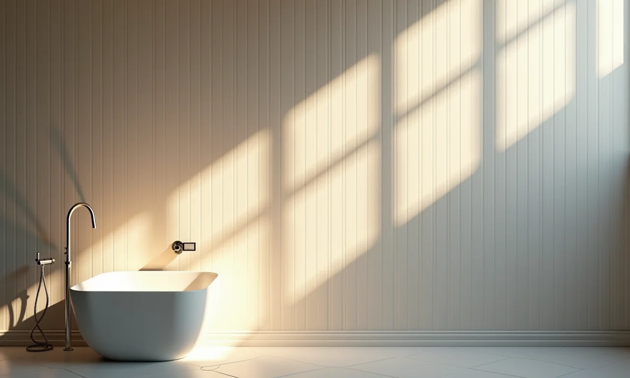 Iluminação estratégica destacando a textura e as cores do papel de parede em um lavabo.