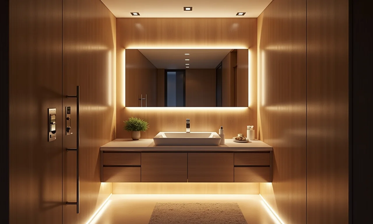 Iluminação estratégica em banheiro pequeno, criando um ambiente acolhedor.