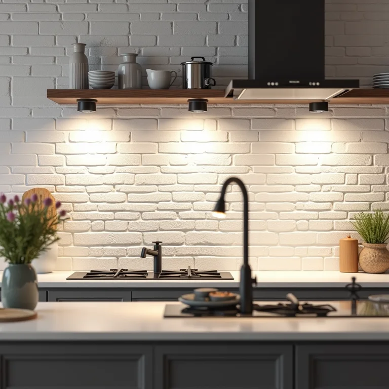 Iluminação estratégica em cozinha com tijolinho branco