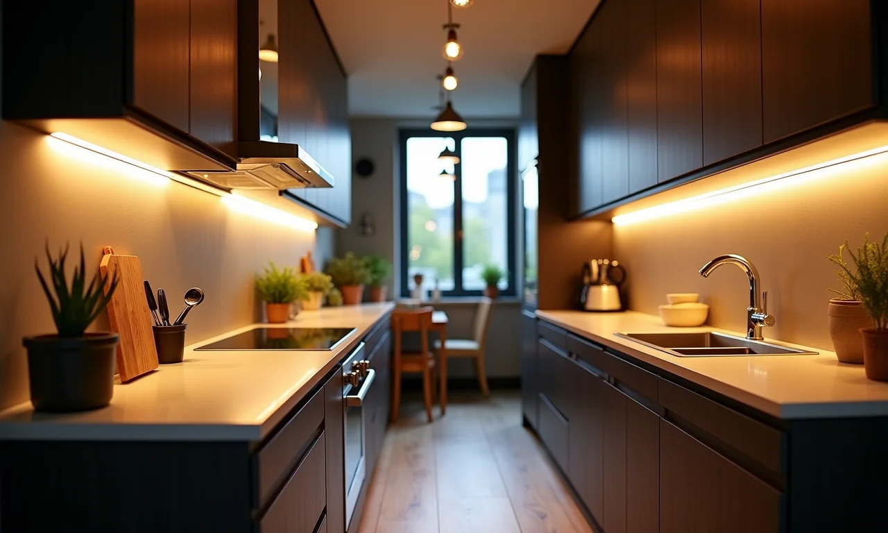 Iluminação estratégica em cozinha corredor, focando nas áreas de trabalho.