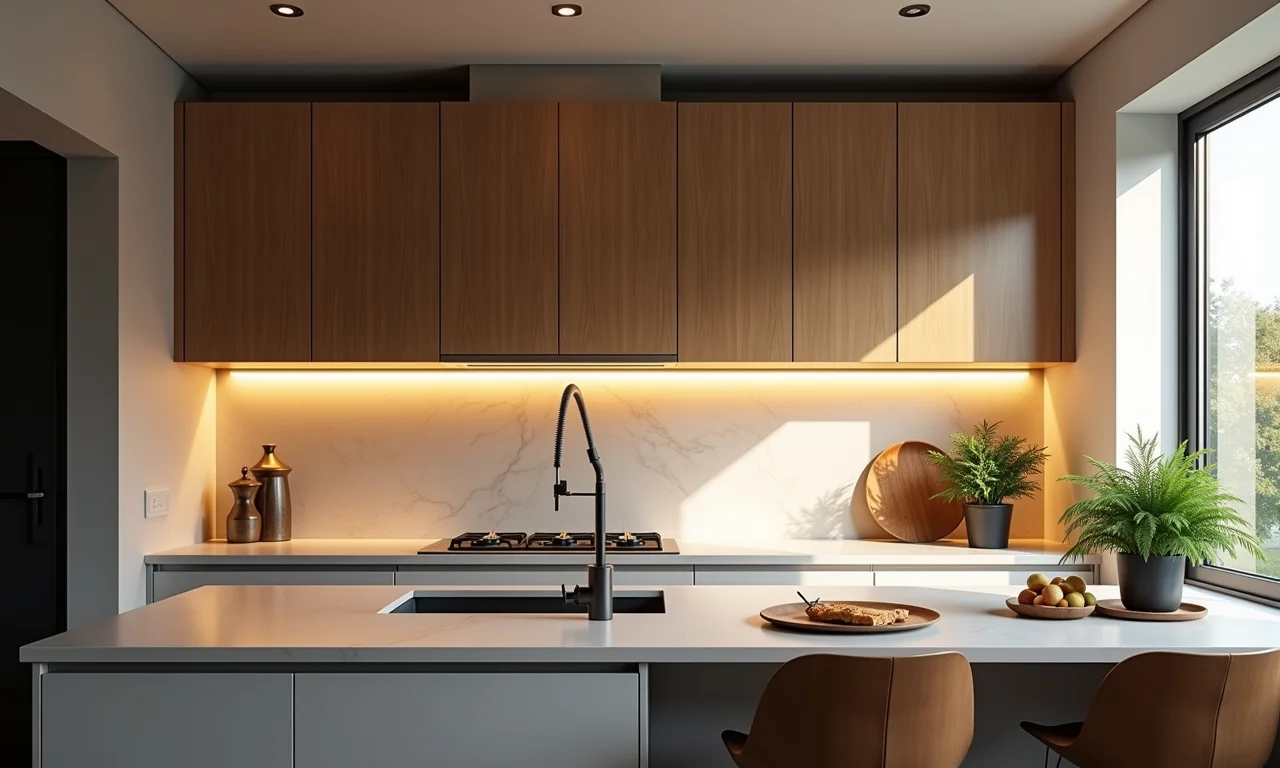 Iluminação estratégica em cozinha pequena com LED sob armários.