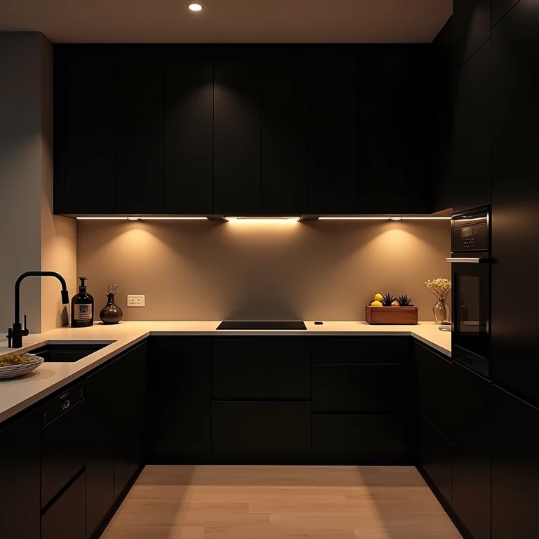 Iluminação estratégica valorizando armários pretos em cozinha pequena.