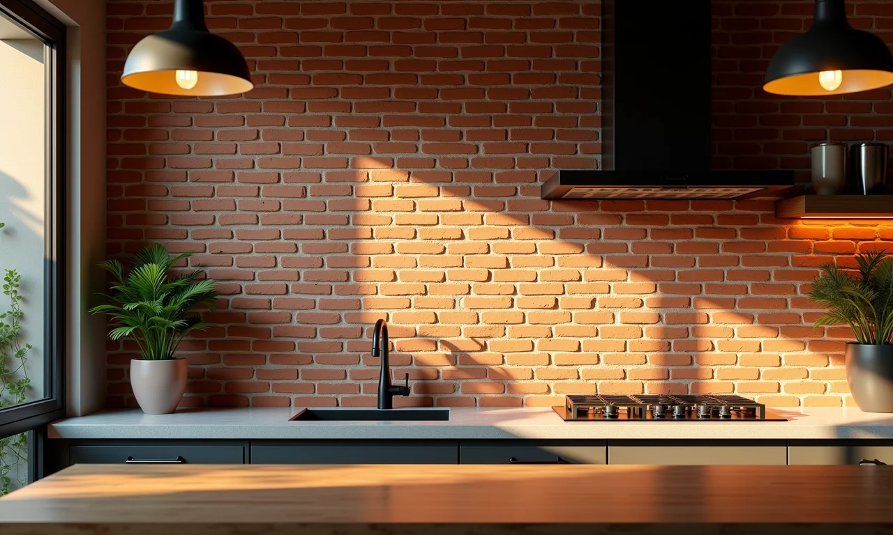 Iluminação estratégica valorizando o tijolinho e criando ambiente aconchegante.